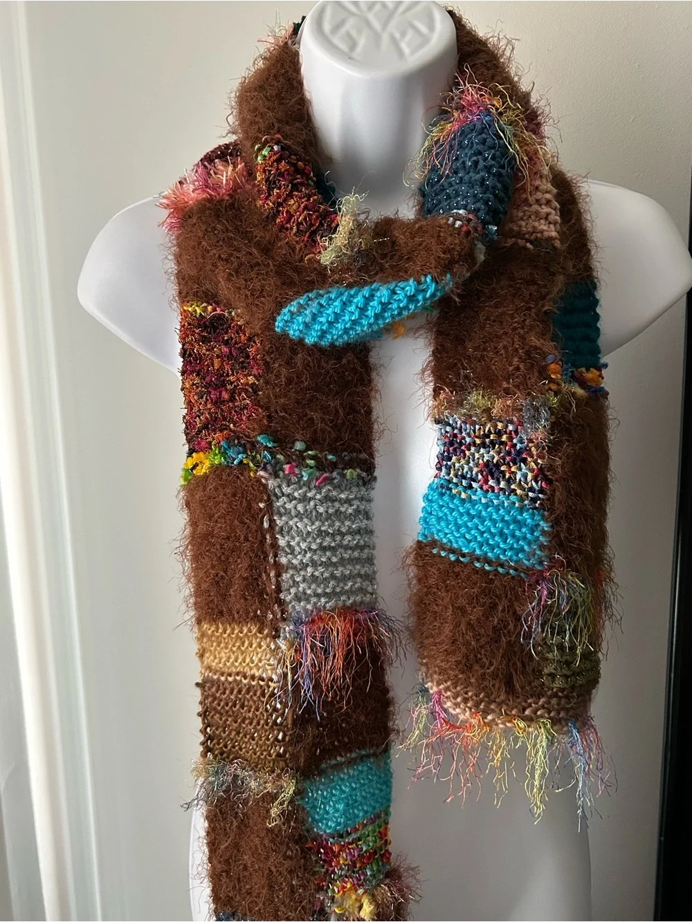 Patchwork Knit Brown and Teal Women's Scarf